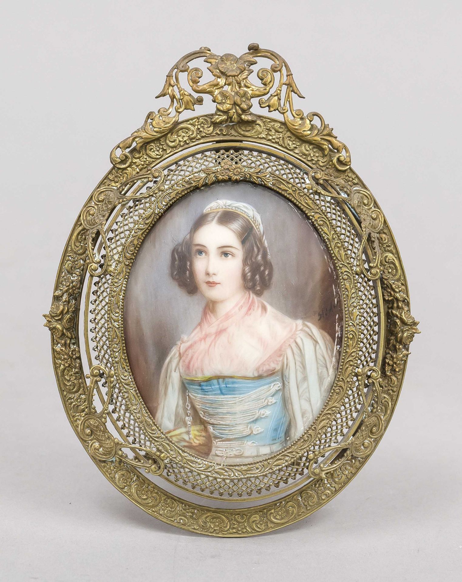 Miniature, 19th century, polychrome tempera painting on bone plate, unopened, oval bust portrait