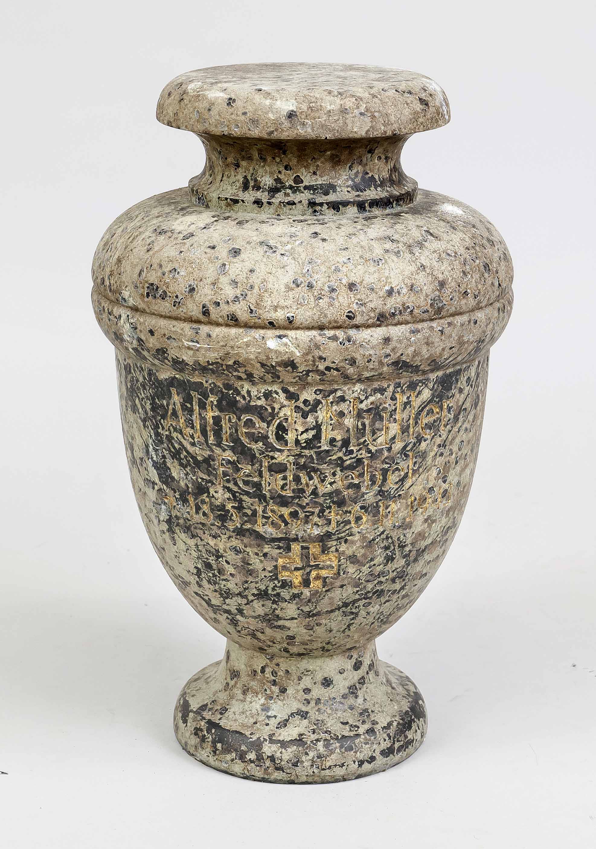 Grave decoration as an urn, Germany around 1940, stone. With dates of life and name of a sergeant,