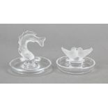 Two small bowls, France, 2nd half 20th century, Lalique, round, flat shape, figural central handles,