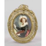 Miniature, 19th century, polychrome tempera painting on bone plate, unopened, oval portrait of a