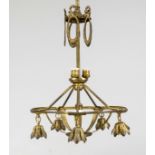 Ceiling lamp, France, late 19th century, brass with residual gilding. Openwork wreath on a 5-pass