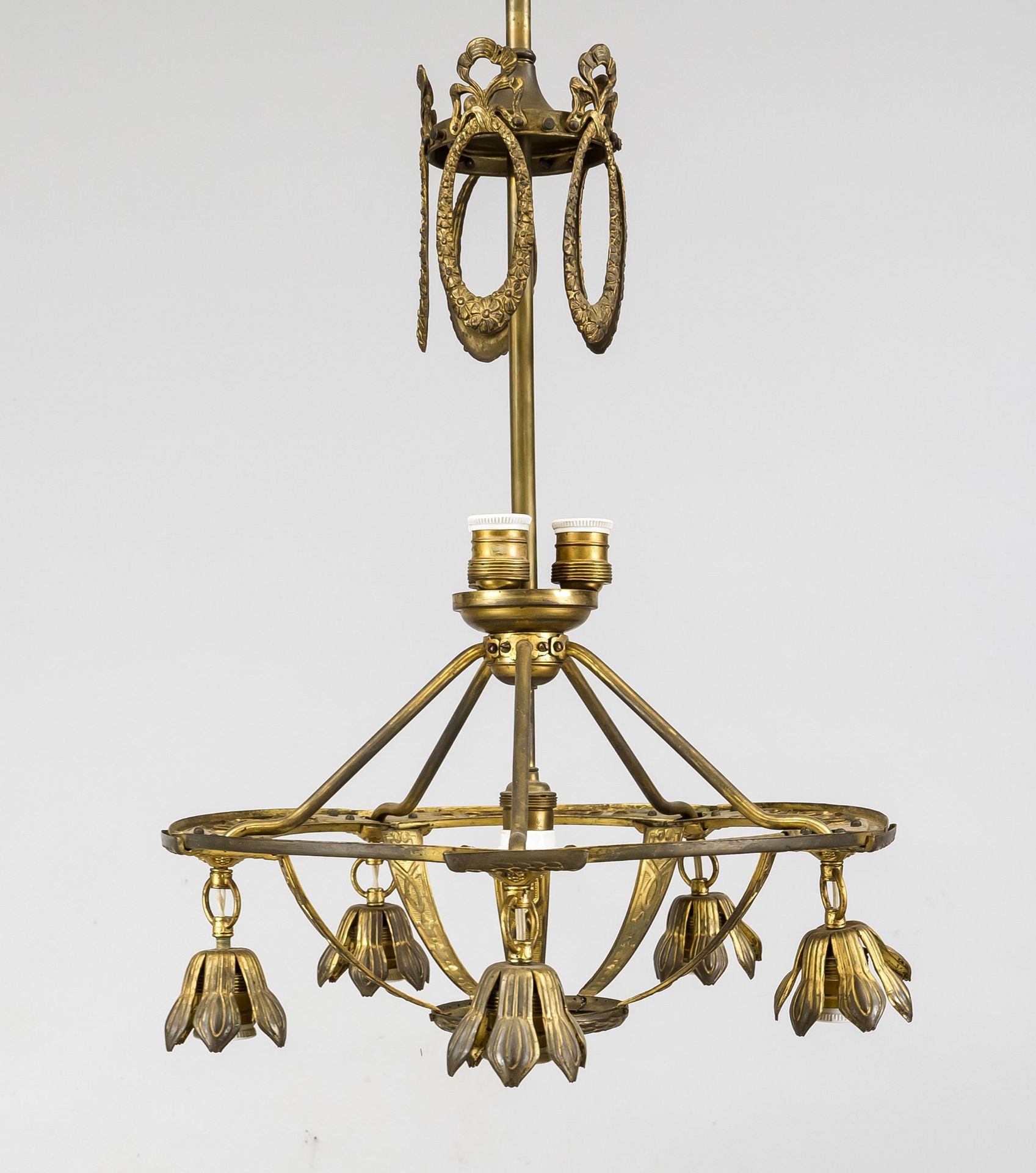 Ceiling lamp, France, late 19th century, brass with residual gilding. Openwork wreath on a 5-pass