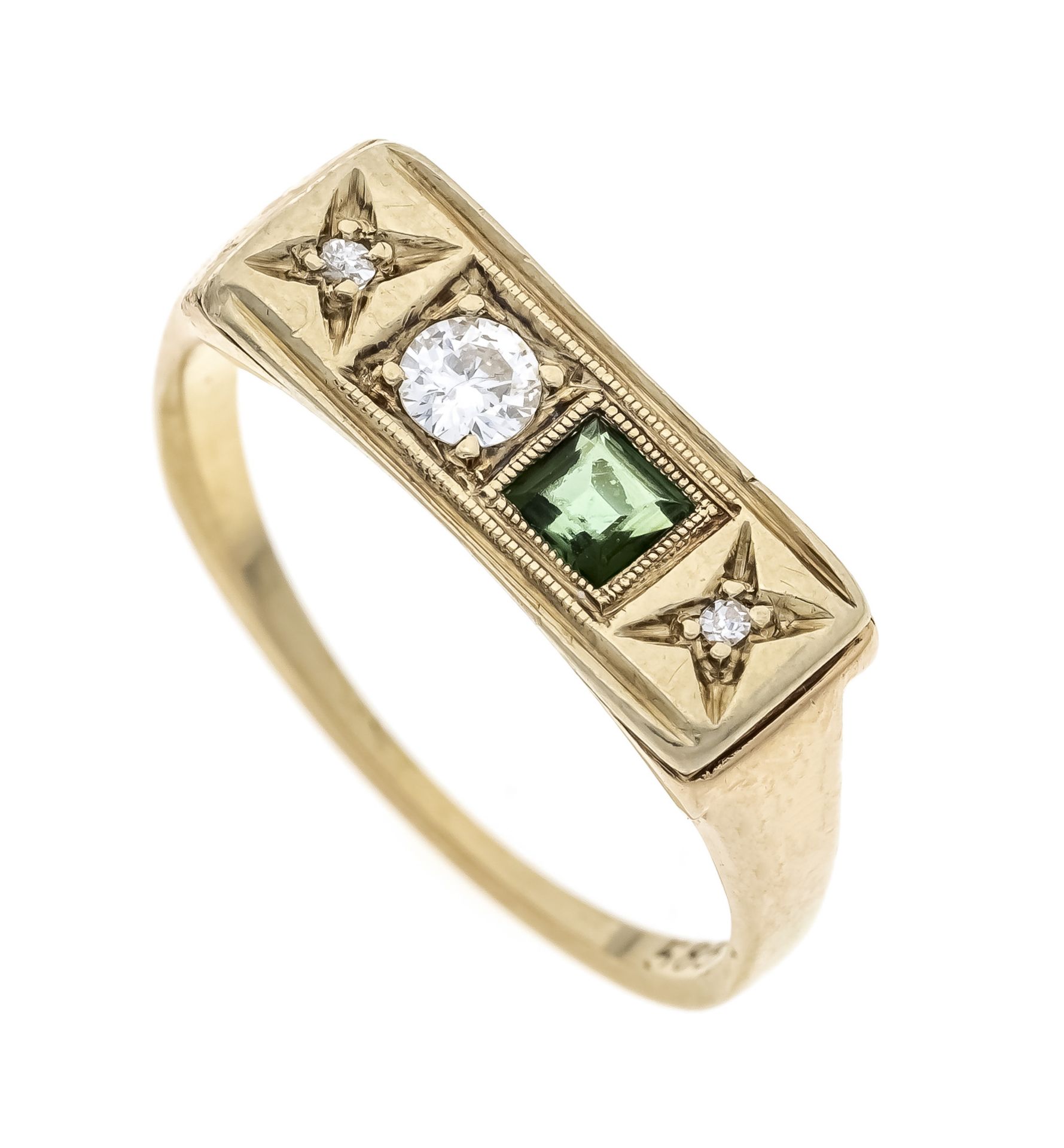 Tourmaline diamond ring GG 585/000 with a faceted tourmaline carrée 3.1 mm, a brilliant-cut