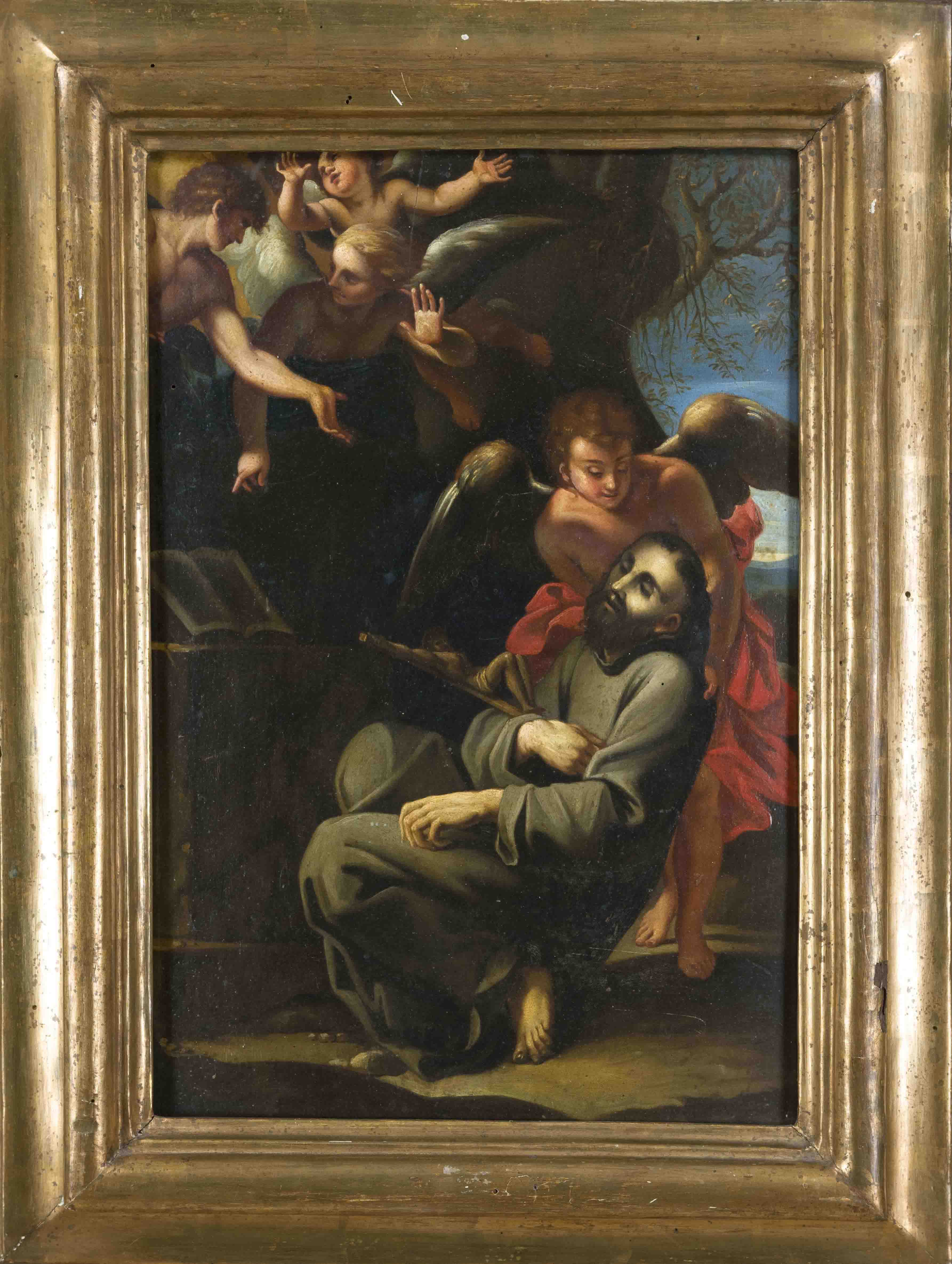 Anonymous 18th century painter, The Death of St. Francis, oil on panel, verso partly illegible