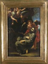 Anonymous 18th century painter, The Death of St. Francis, oil on panel, verso partly illegible