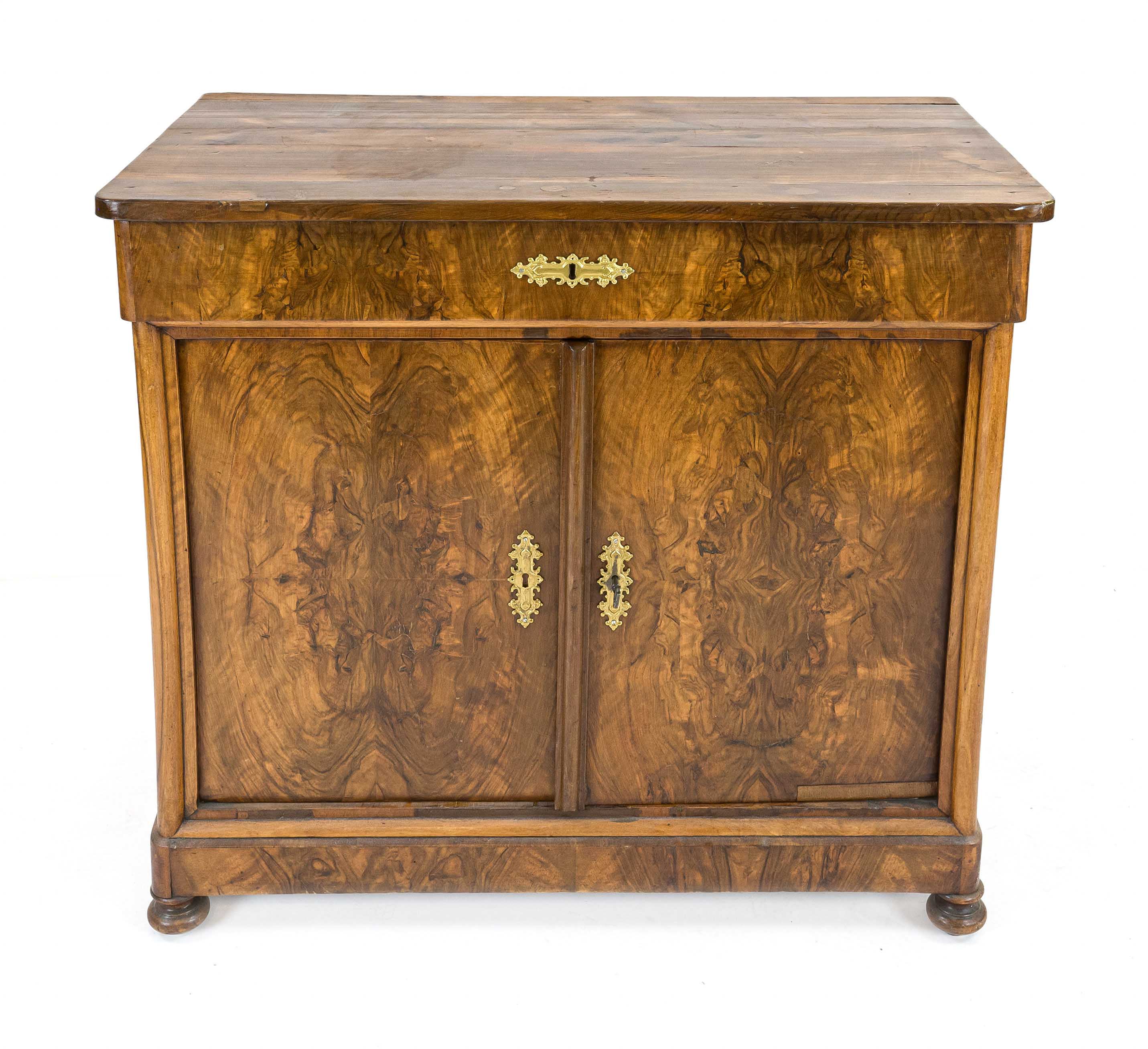 Half-cupboard, late Biedermeier around 1845, walnut burl, 2-door body with drawer fronts, stained