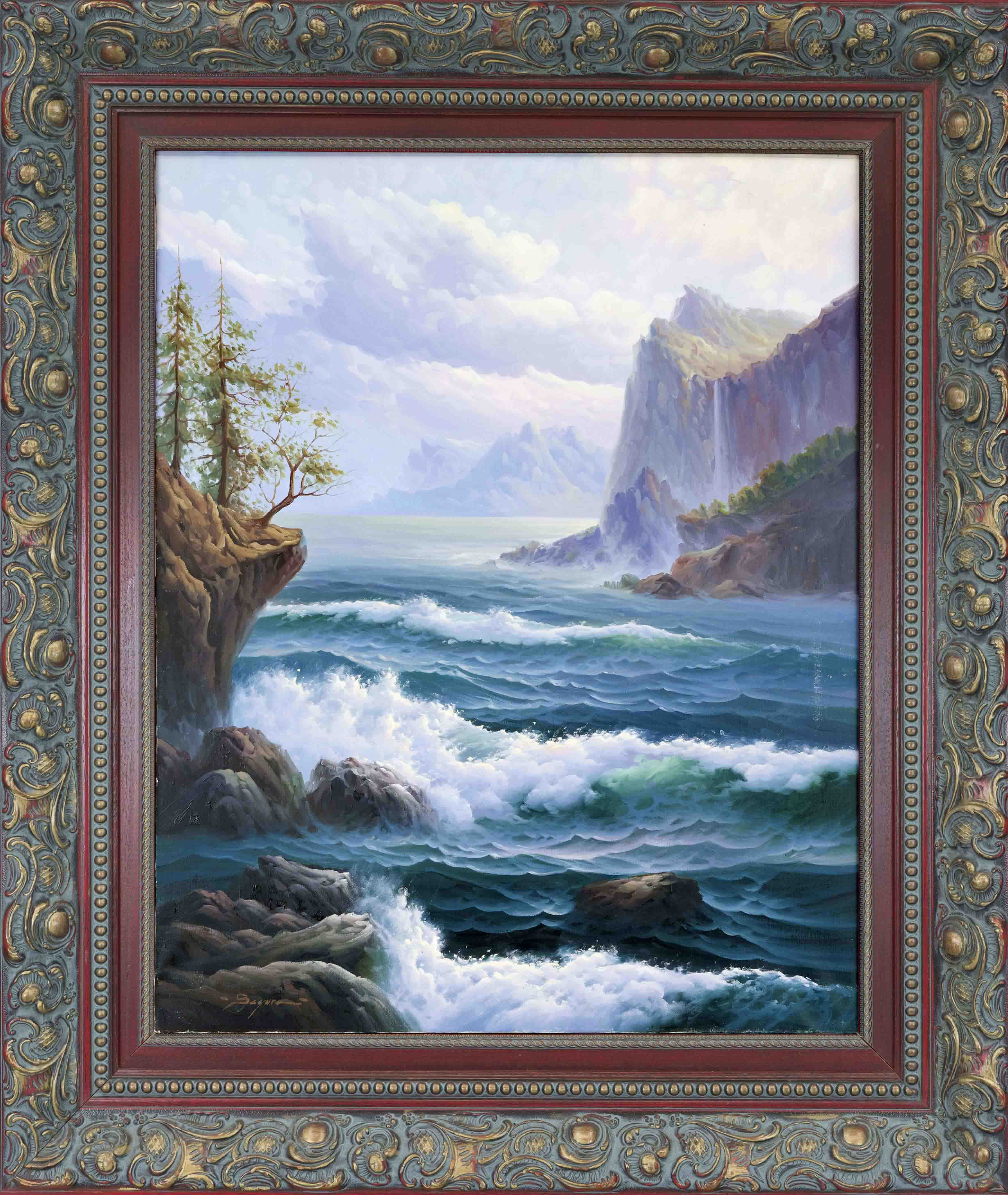 Unidentified artist, late 20th century, Surf in a rocky bay in pastel tones, oil on canvas,