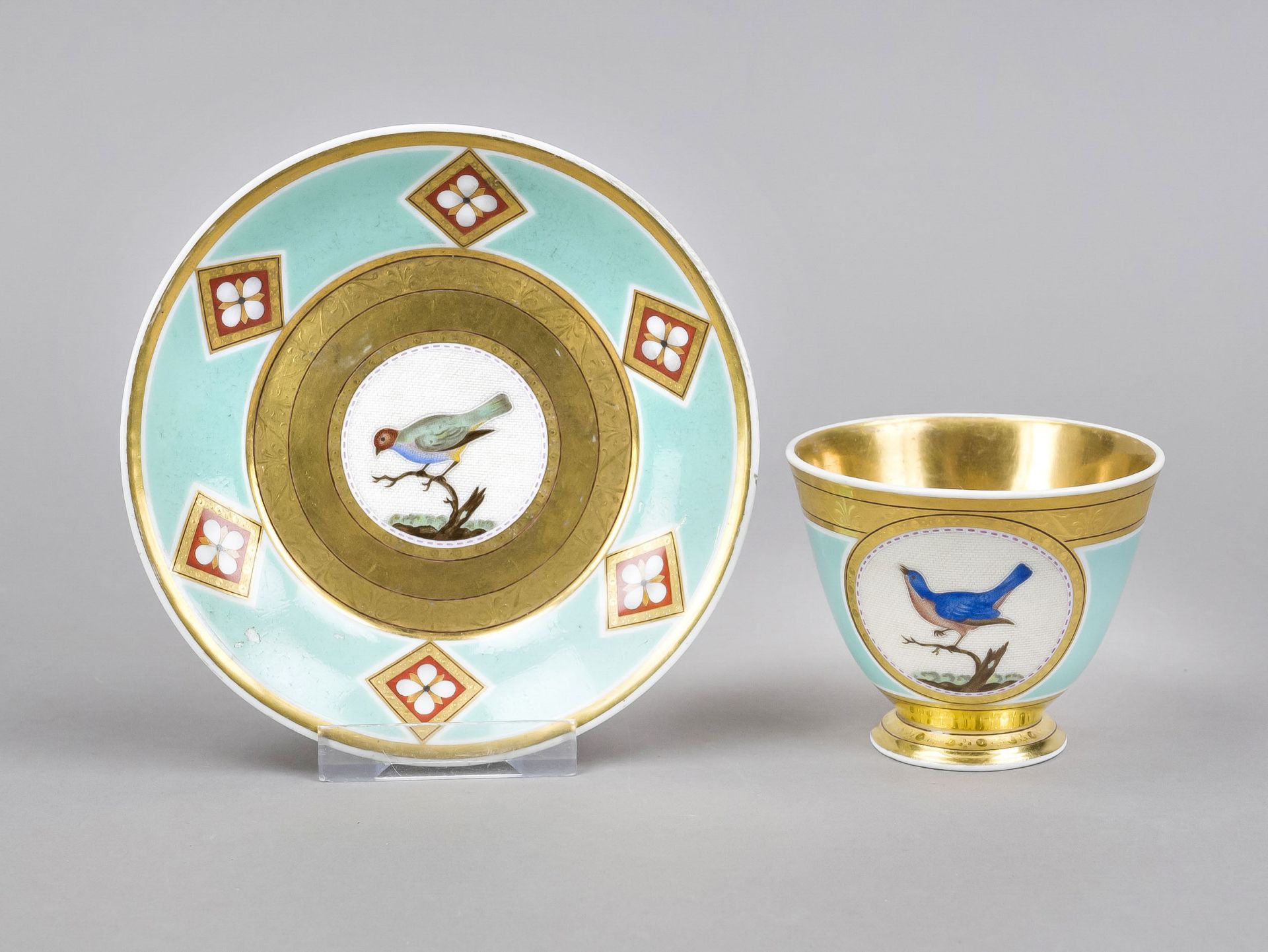 A cup and saucer, KPM Berlin, c. 1800, 1st choice, painter's mark 1803-1813, rare cup form with