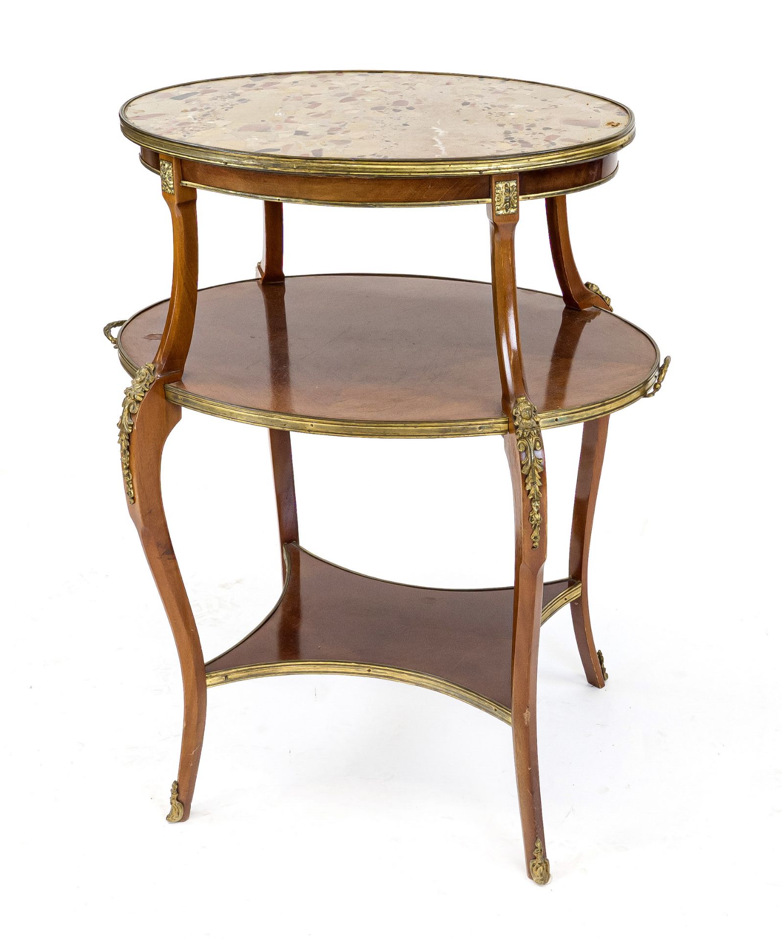 Etagere, 20th century period furniture, mahogany, curved frame with brass applications, beige