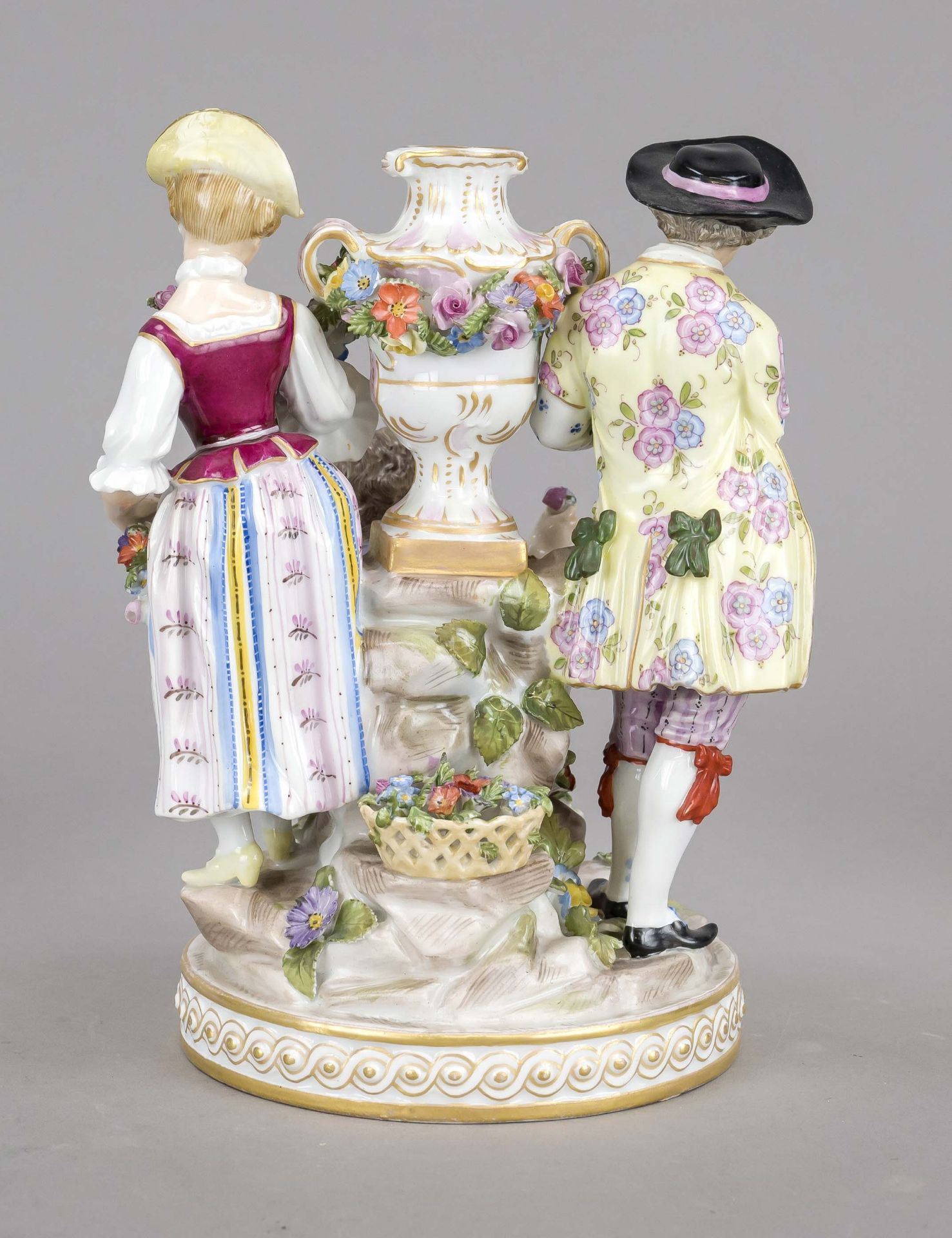 Gardener's family, Carl Thieme, Potschappel, c. 1900, urn vase standing on a terrain plinth with a - Image 2 of 2