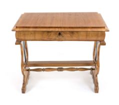 Biedermeier console table, circa 1830, walnut, lyre-shaped sides, top hinged upwards, 76 x 88 x 49