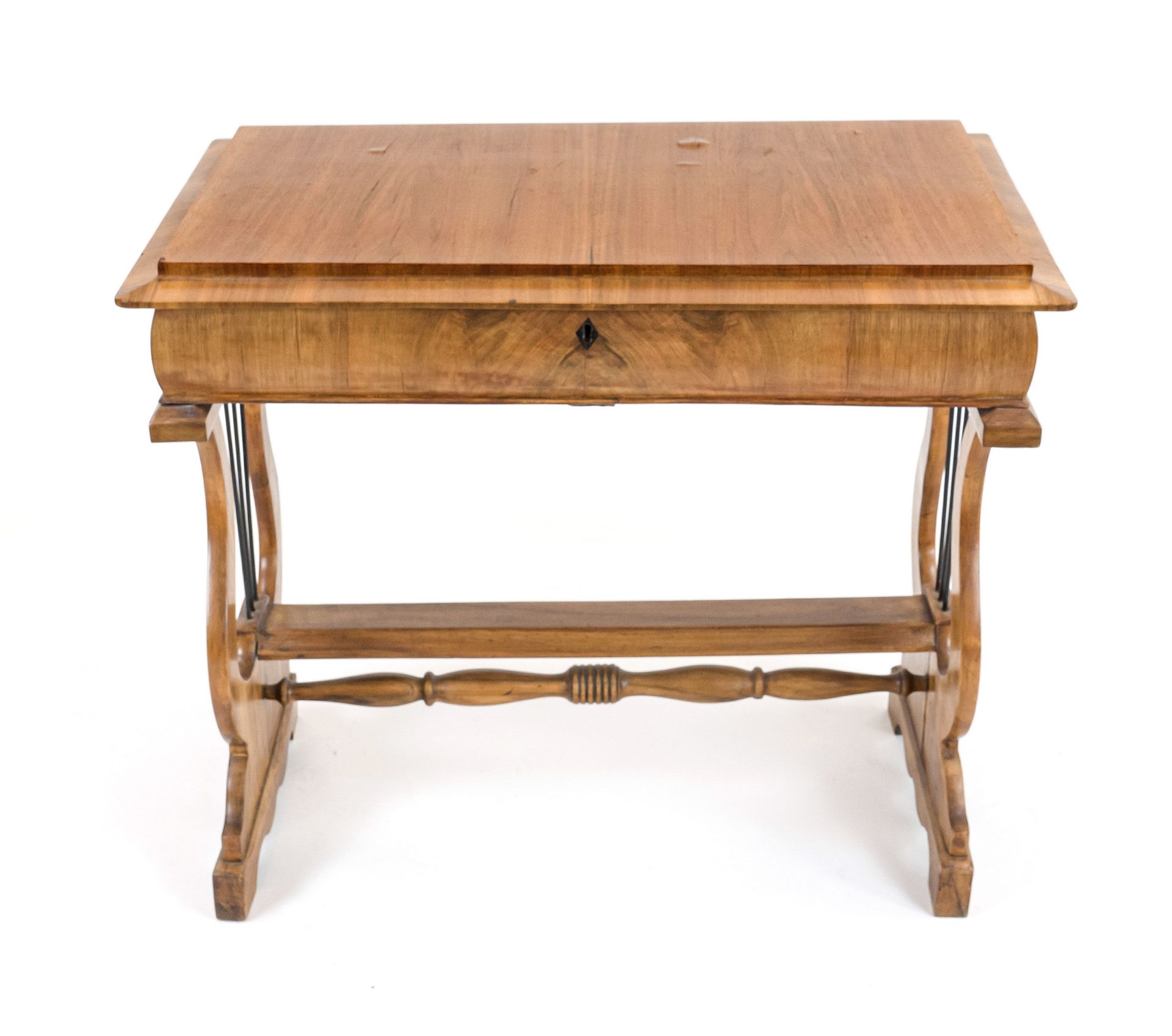 Biedermeier console table, circa 1830, walnut, lyre-shaped sides, top hinged upwards, 76 x 88 x 49