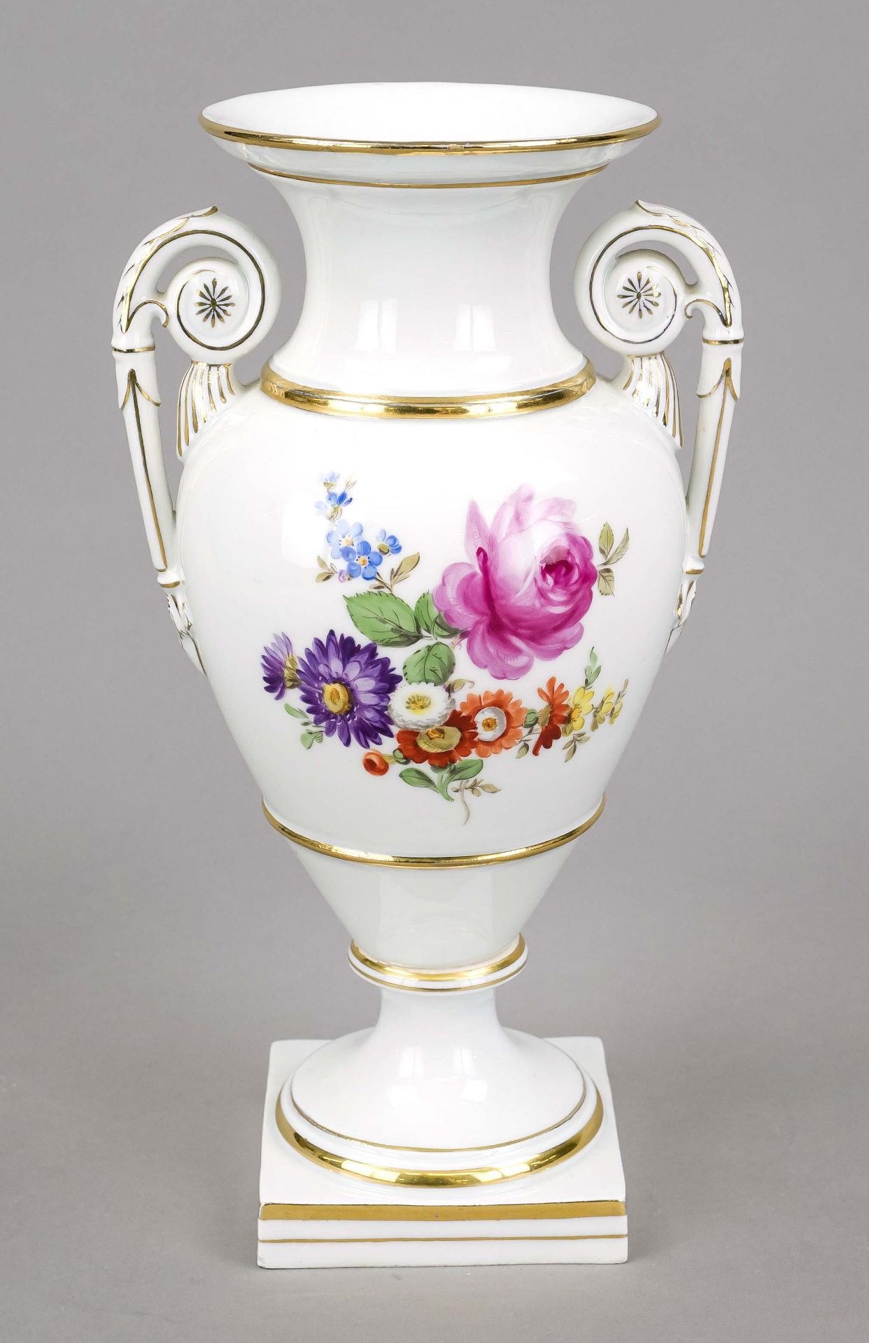 Amphora vase, Meissen, mark after 1934, 1st choice, amphora shape with raised rosette handles, - Image 2 of 2