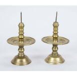 Pair of candlesticks, engraved fish and Asian characters on drip tray, h. 16 cm