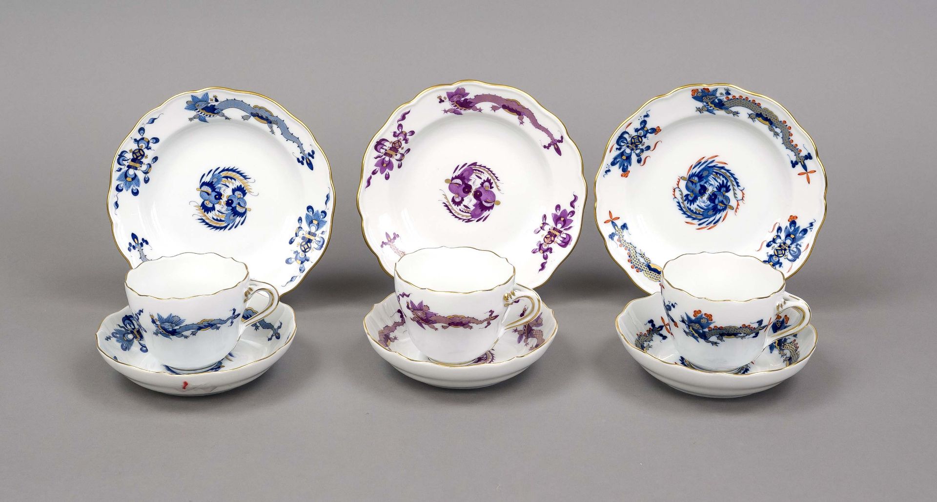 Three demitasse cups, Meissen, marks after 1972, 1st and 3rd choice, new cut-out shape, court dragon