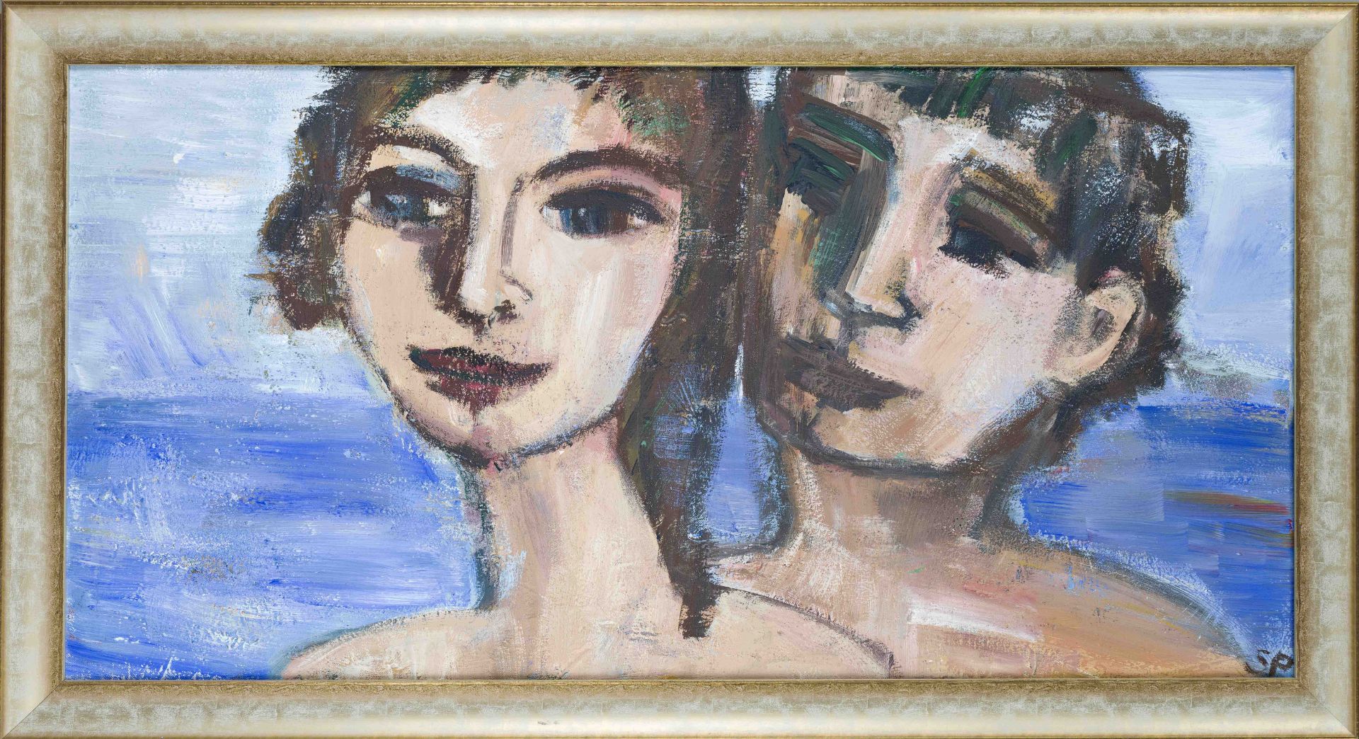 Sigrid Palmer, contemporary Frankfurt artist, Couple by the sea, acrylic on canvas, monogrammed