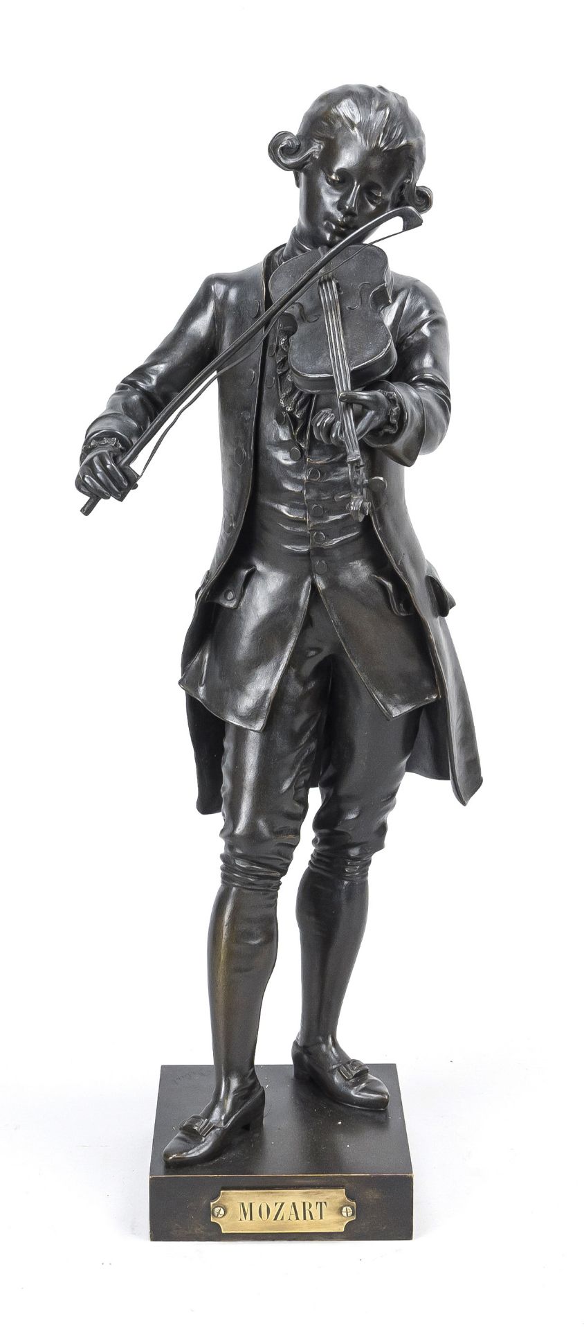 Marcel Debut (1865-1933), the young Mozart with violin, black patinated bronze, signed on stand,