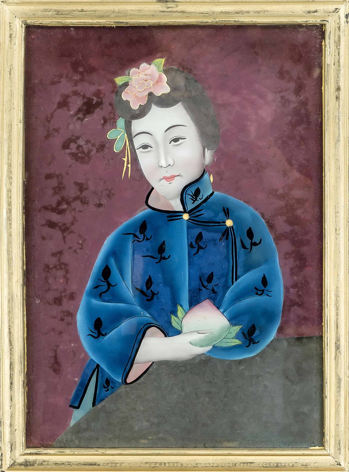 2 reverse glass paintings, China 1st half 20th century. 1 x woman with peach, 1 x woman with - Image 2 of 2