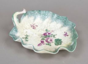 Baroque leaf bowl, Meissen, c. 1740-50, polychrome flower painting, heavily chipped and repaired, l: