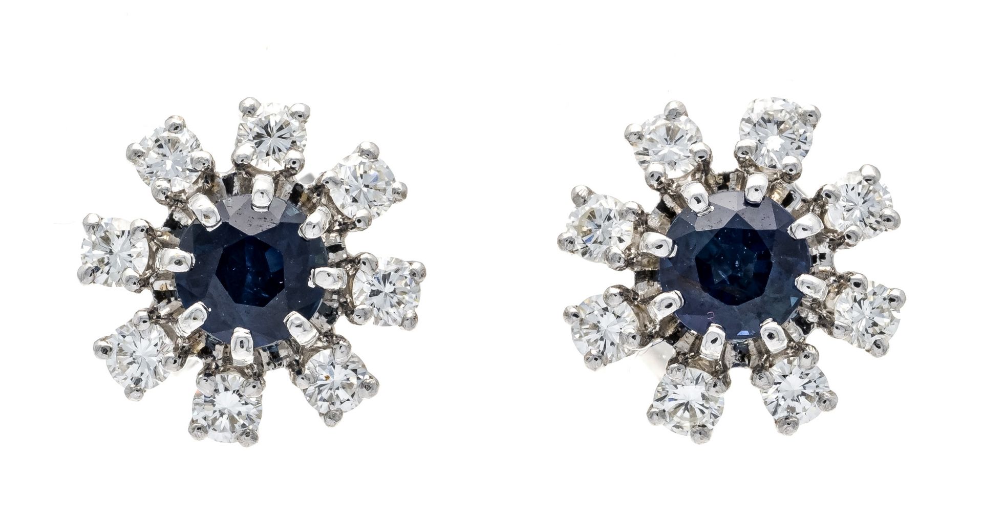 Sapphire-brilliant stud earrings WG 585/000 with 2 round faceted sapphires 4.5 mm dark blue,