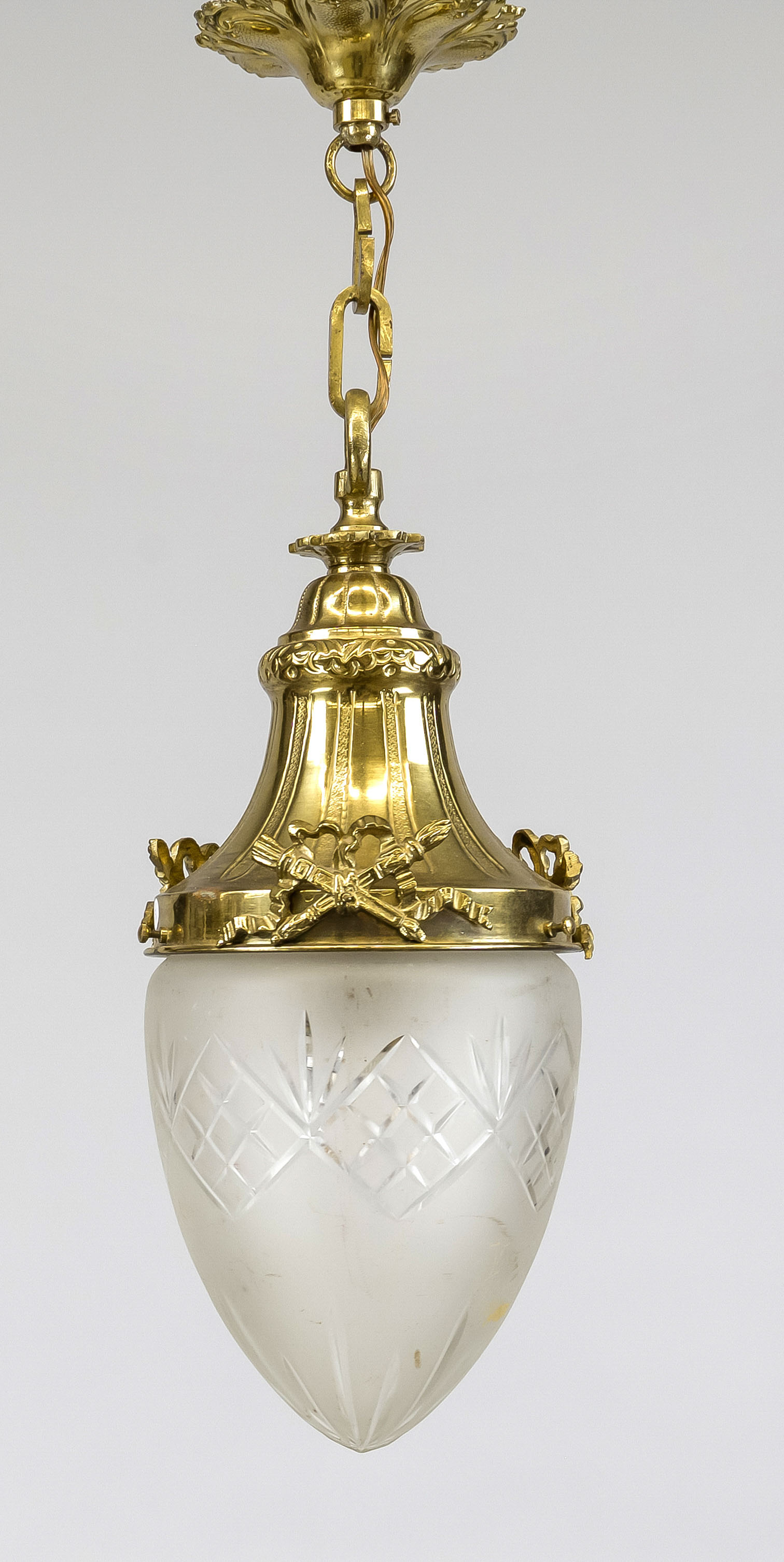 Ceiling lamp, late 19th century, brass frame on chain, etched glass shade with cut decoration, h. (