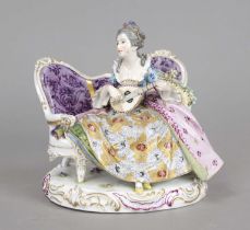 Lute player, Passau, 20th century, elegant lady with lute on a sofa, on an oval base, polychrome