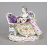 Lute player, Passau, 20th century, elegant lady with lute on a sofa, on an oval base, polychrome