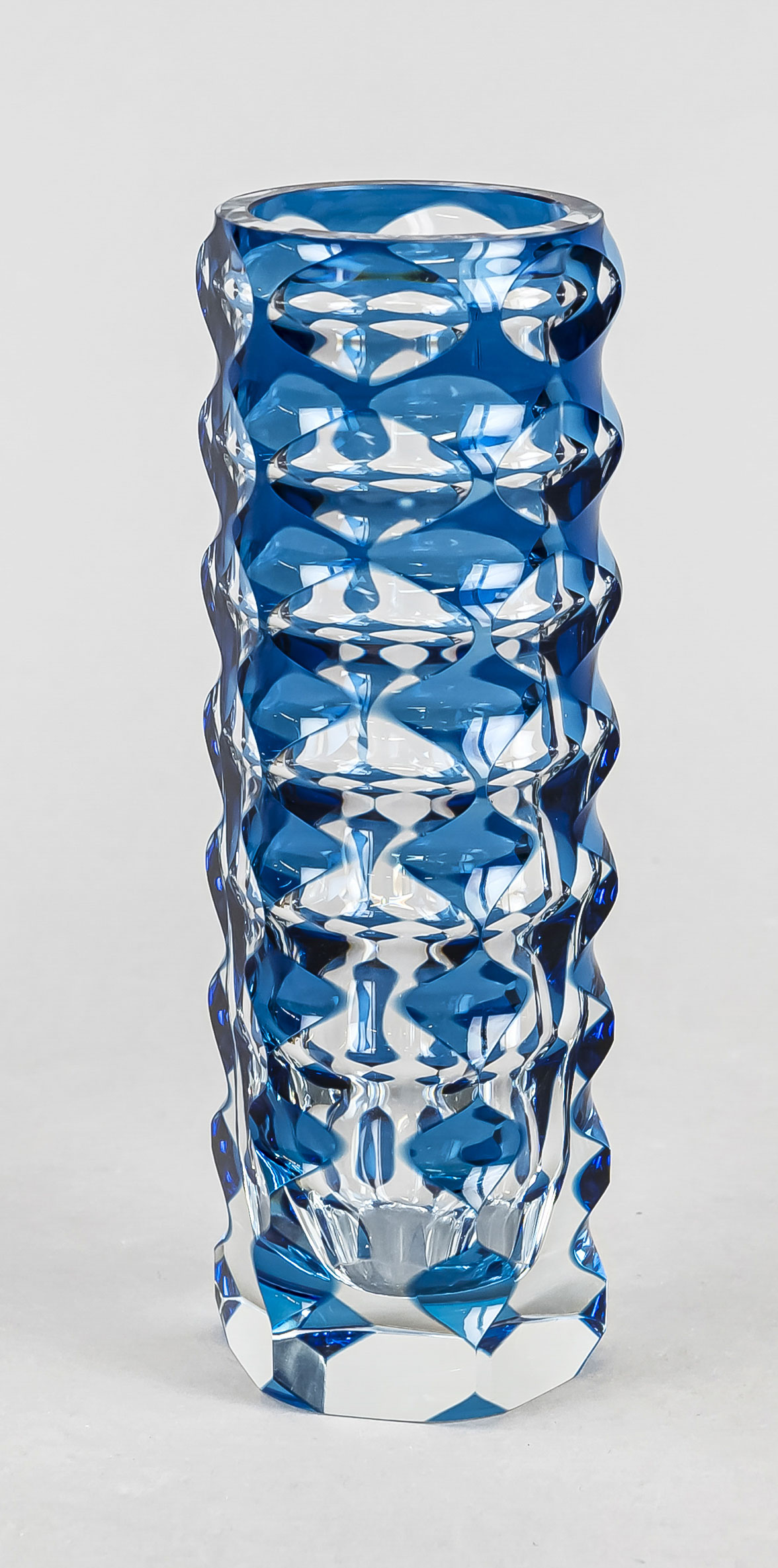 Vase, Italy (?), 20th century, hexagonal stand, straight angular body, clear glass, partly blue