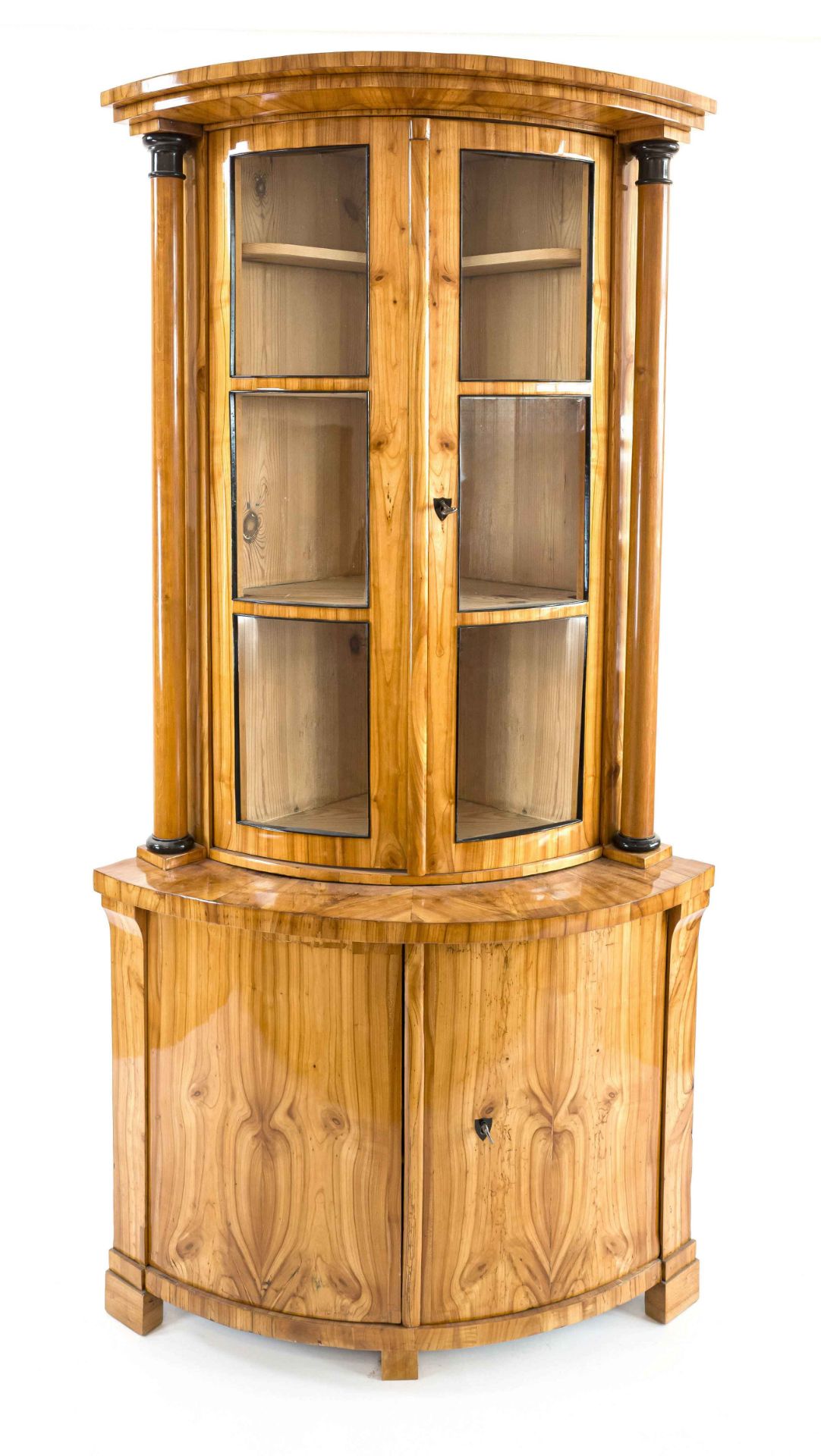 Biedermeier glass top corner cupboard, circa 1810, cherrywood, arched form, glazed 2-door top