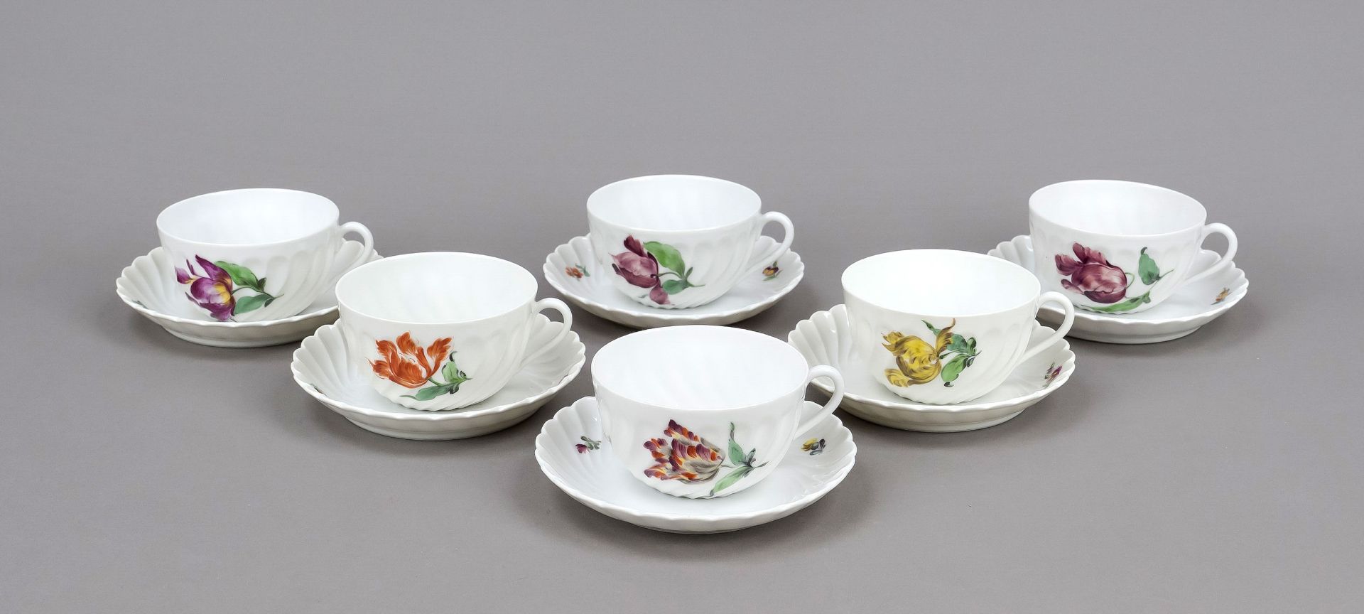 Six teacups with saucers, Nymphenburg, mark 1925-75, fan-shaped walls, polychrome floral painting,