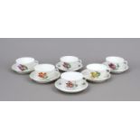 Six teacups with saucers, Nymphenburg, mark 1925-75, fan-shaped walls, polychrome floral painting,