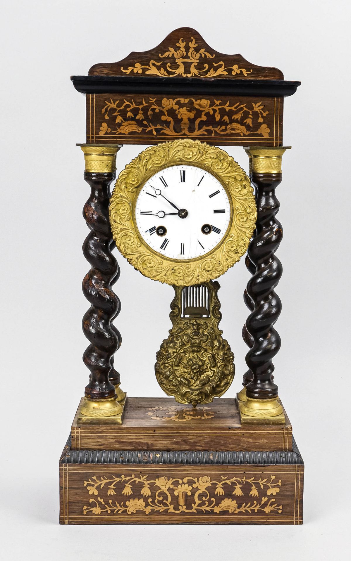 Portal clock, 2nd half 19th century, walnut partly ebonized, with floral and thread maple inlays