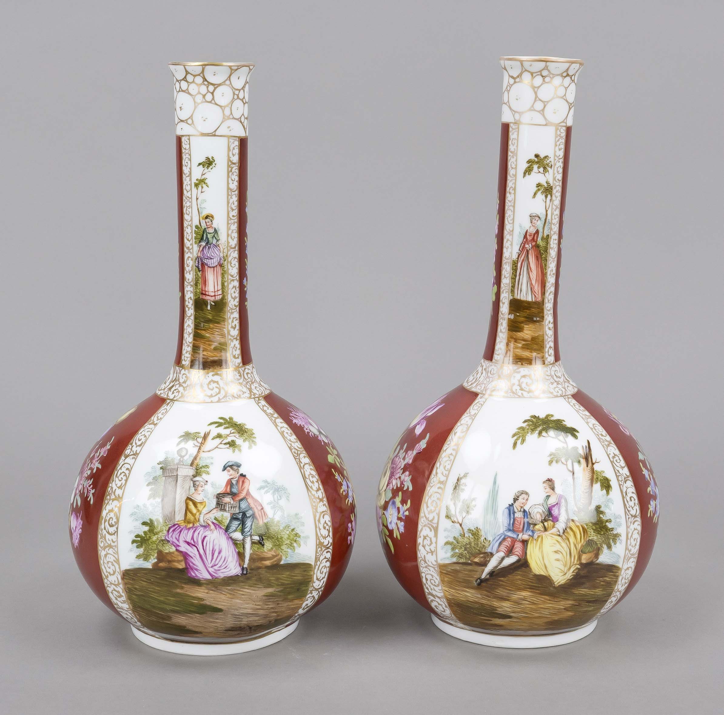 Pair of bottle vases, Köppelsdorf, Thuringia, c. 1920-40, polychrome painting, gallant scenes - Image 2 of 2