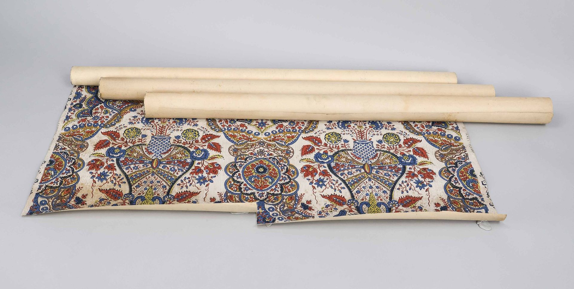 3 rolls of historical wallpaper from around 1900, colored floral decor, w. 75 cm