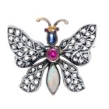 Butterfly brooch, silver 925/000 and GG 800/000, unmarked, tested, with a milky opal cabochon 10 mm,