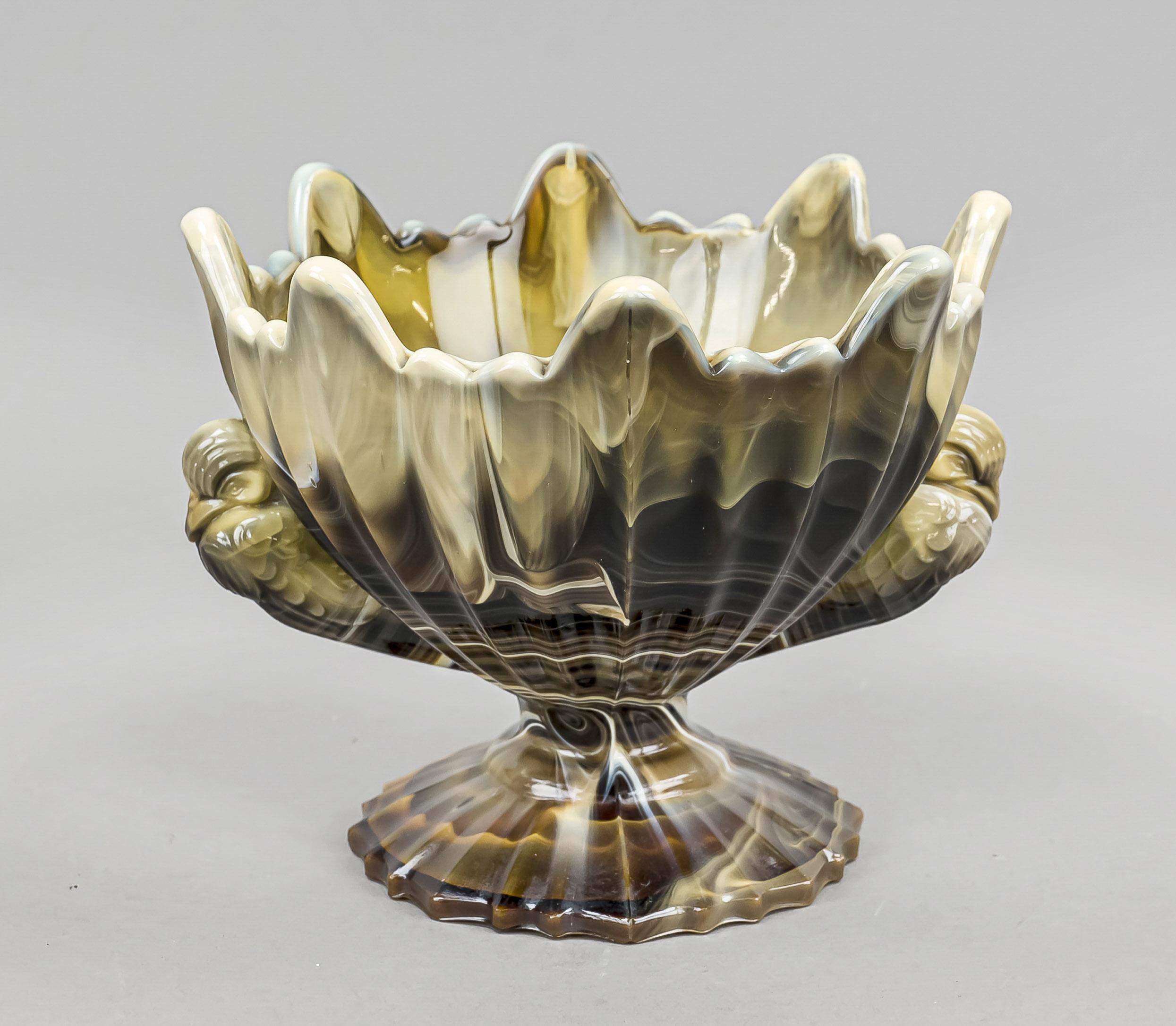 Footed bowl, 20th century, blown model, round wavy stand, short shaft, bowl with bird decoration