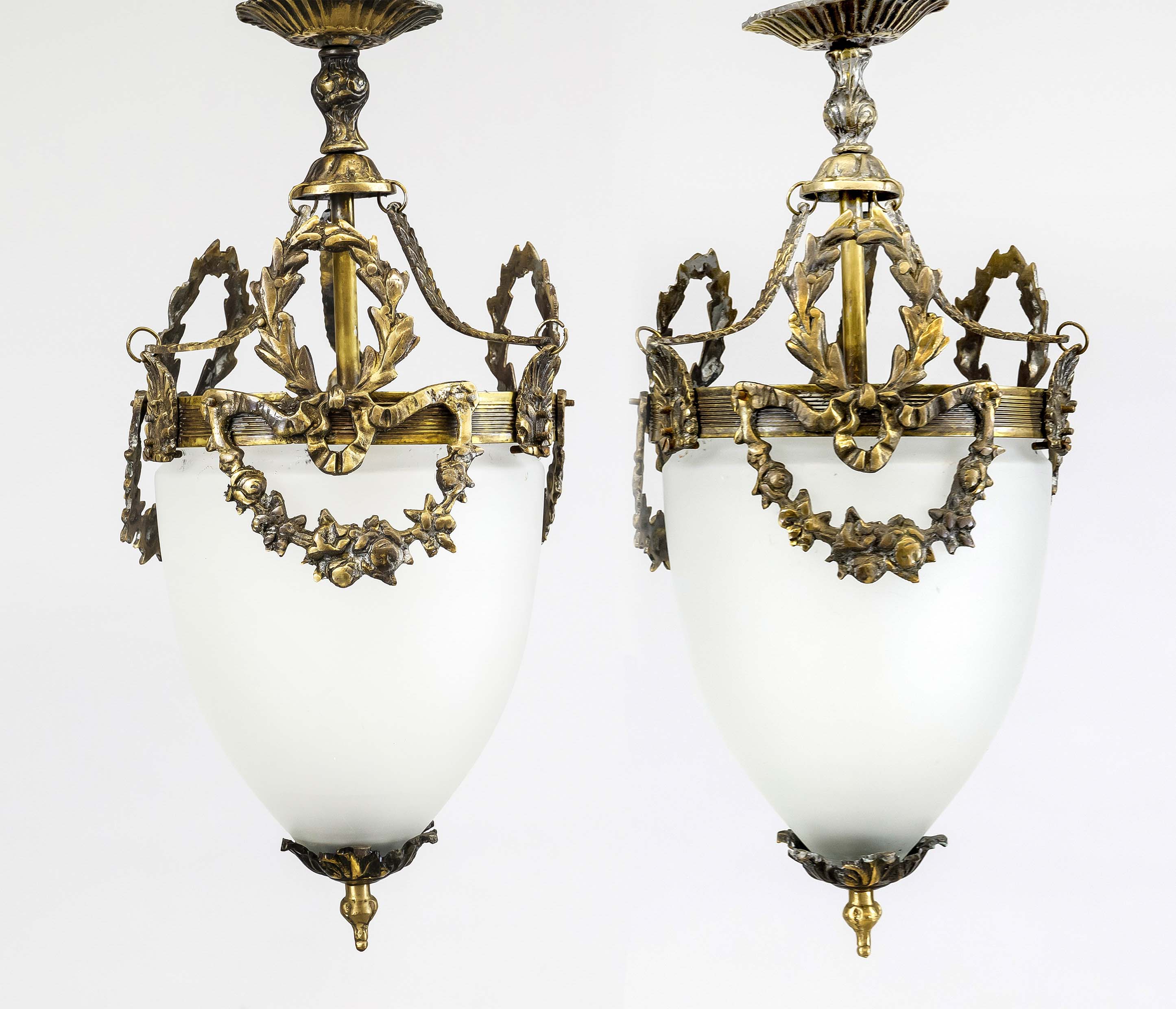 Pair of ceiling lamps, 20th century, brass wreath with ornamental applications, etched glass