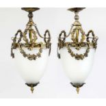 Pair of ceiling lamps, 20th century, brass wreath with ornamental applications, etched glass