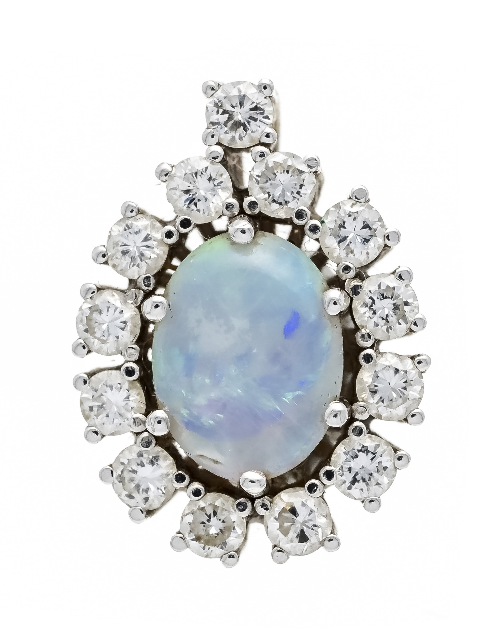 Opal-brilliant pendant WG 585/000 with an oval opal cabochon 8 x 6 mm in a good - light play of