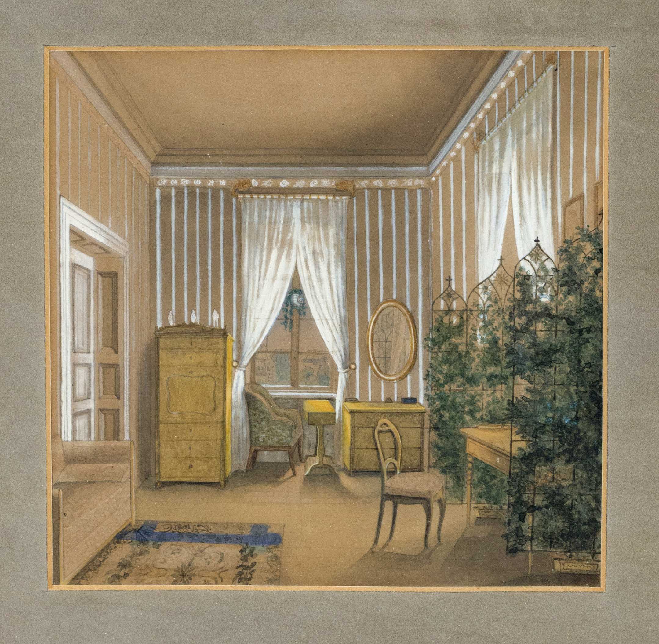 Anonymous painter of the 2nd half of the 19th century, late Biedermeier interior, gouache over