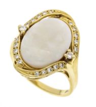 Opal-brilliant ring GG 585/000 with an oval milk opal cabochon 15.8 x 11.7 x 3.8 mm with a slight