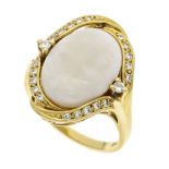 Opal-brilliant ring GG 585/000 with an oval milk opal cabochon 15.8 x 11.7 x 3.8 mm with a slight