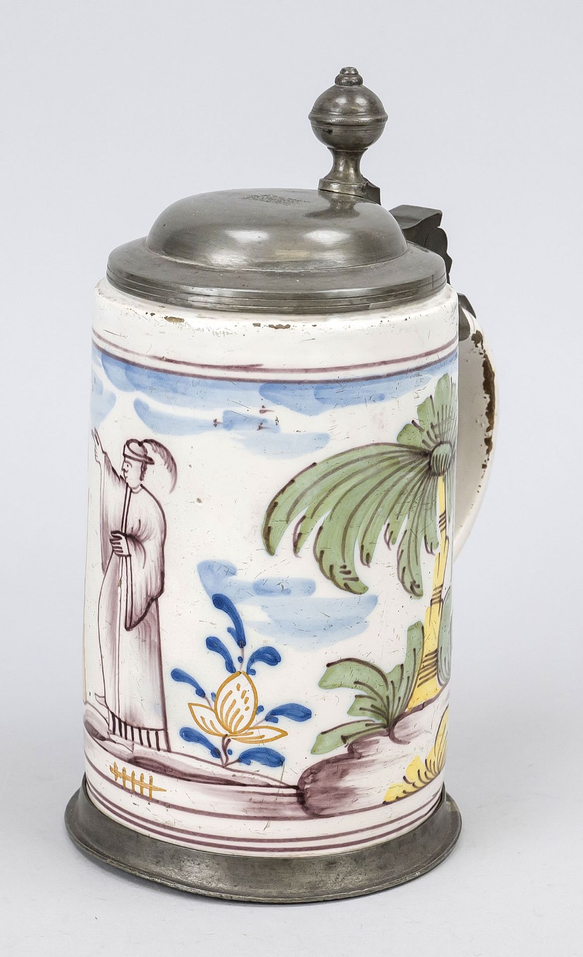 Faience jug, c. 1800, with pewter lid mount. Cylindrical body, polychrome painted with palm trees