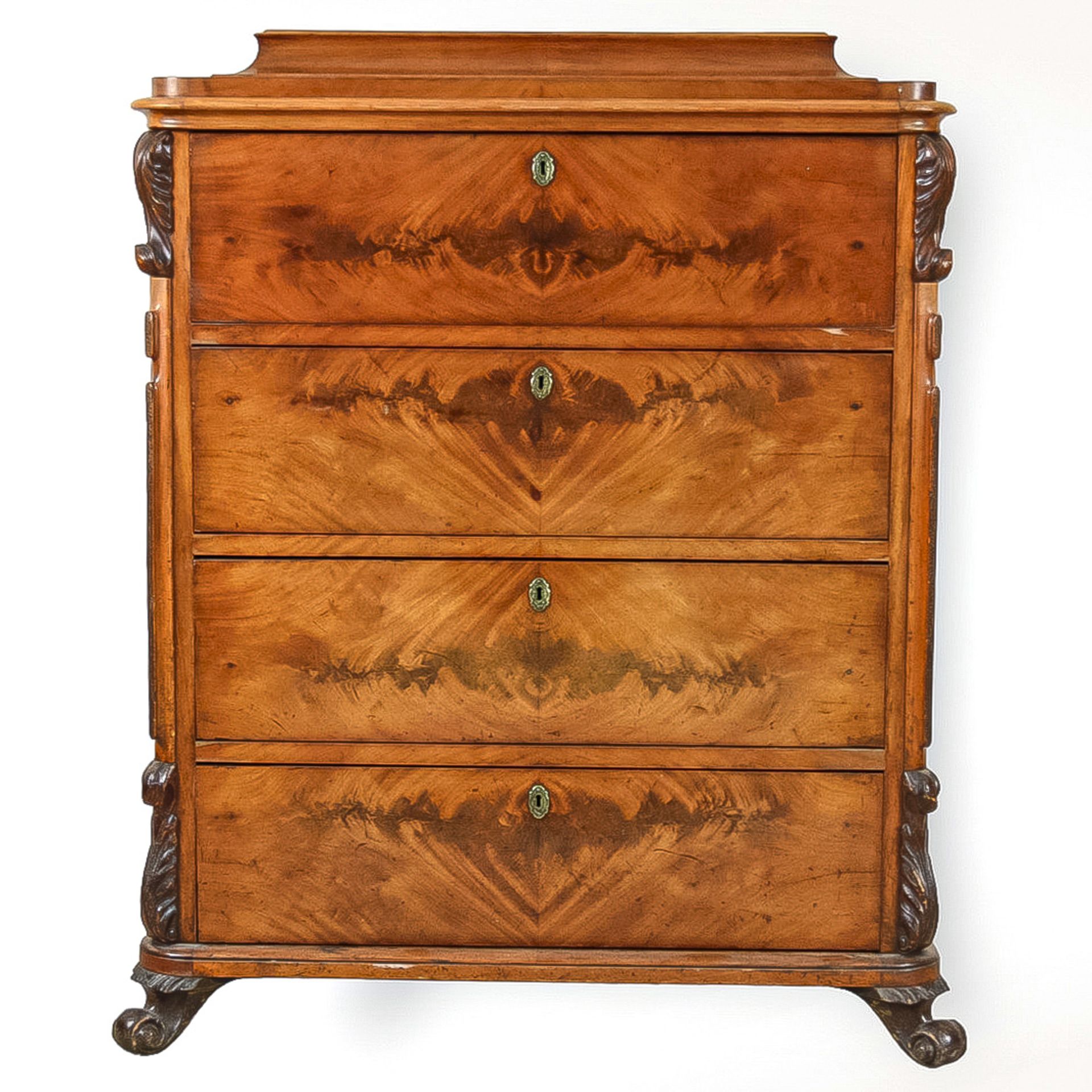 North German high chest of drawers in Biedermeier style, mahogany veneer, key enclosed, signs of