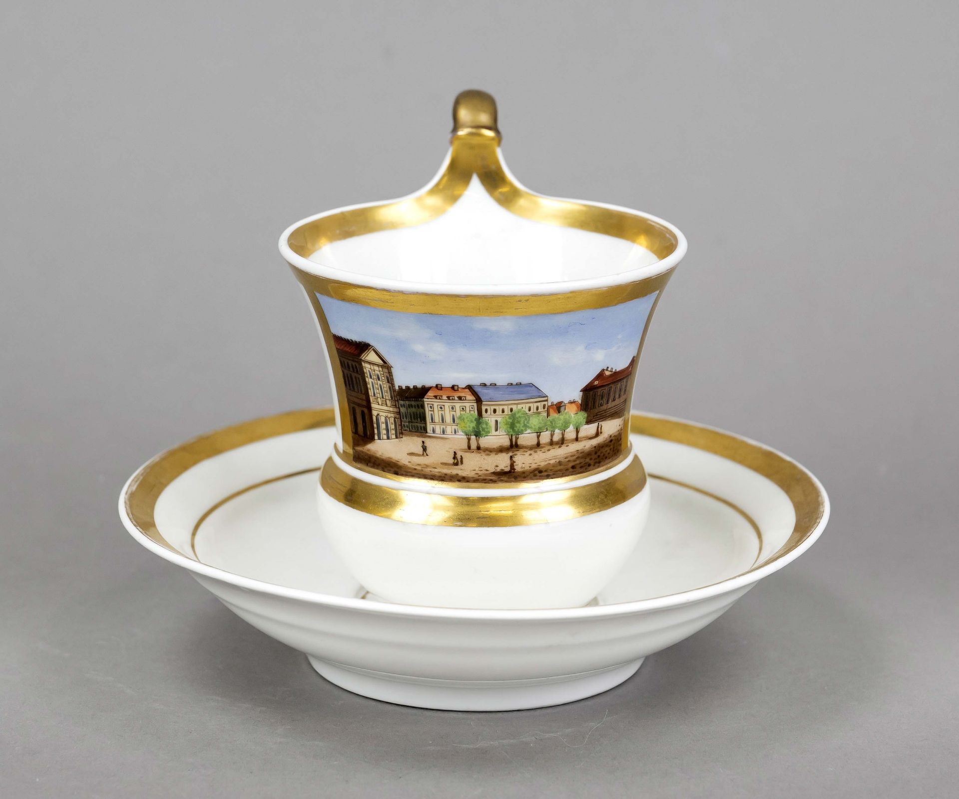 View cup with saucer, KPM Berlin, c. 1820-1830, bell-shaped cup with veduta painting, raised