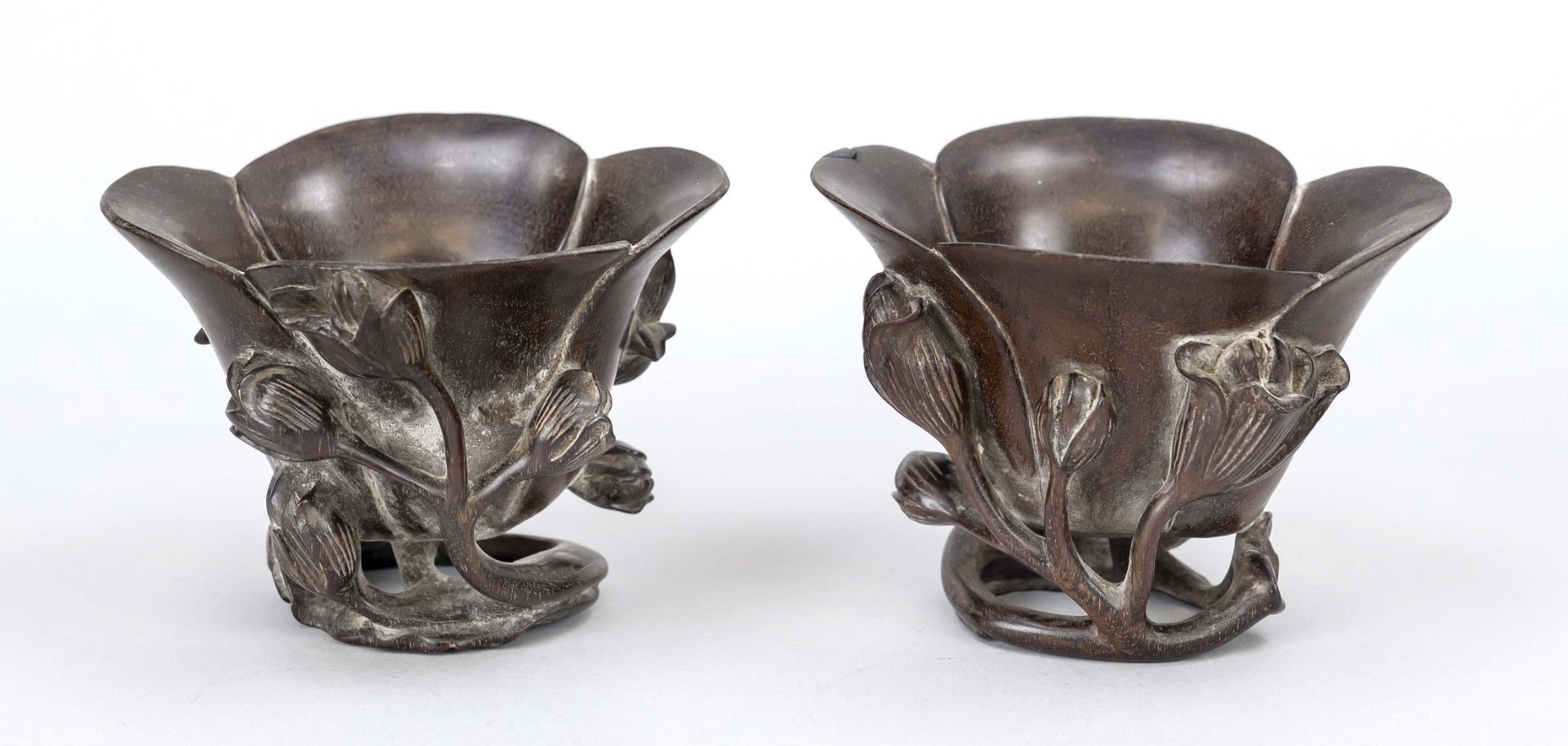 Pair of libation cups, China 19th century (Qing). Carved from dark, finely grained hardwood (