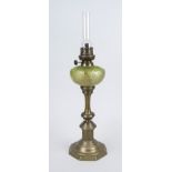 Kerosene lamp c. 1900, brass base with green floral etched vessel, h. 64 cm