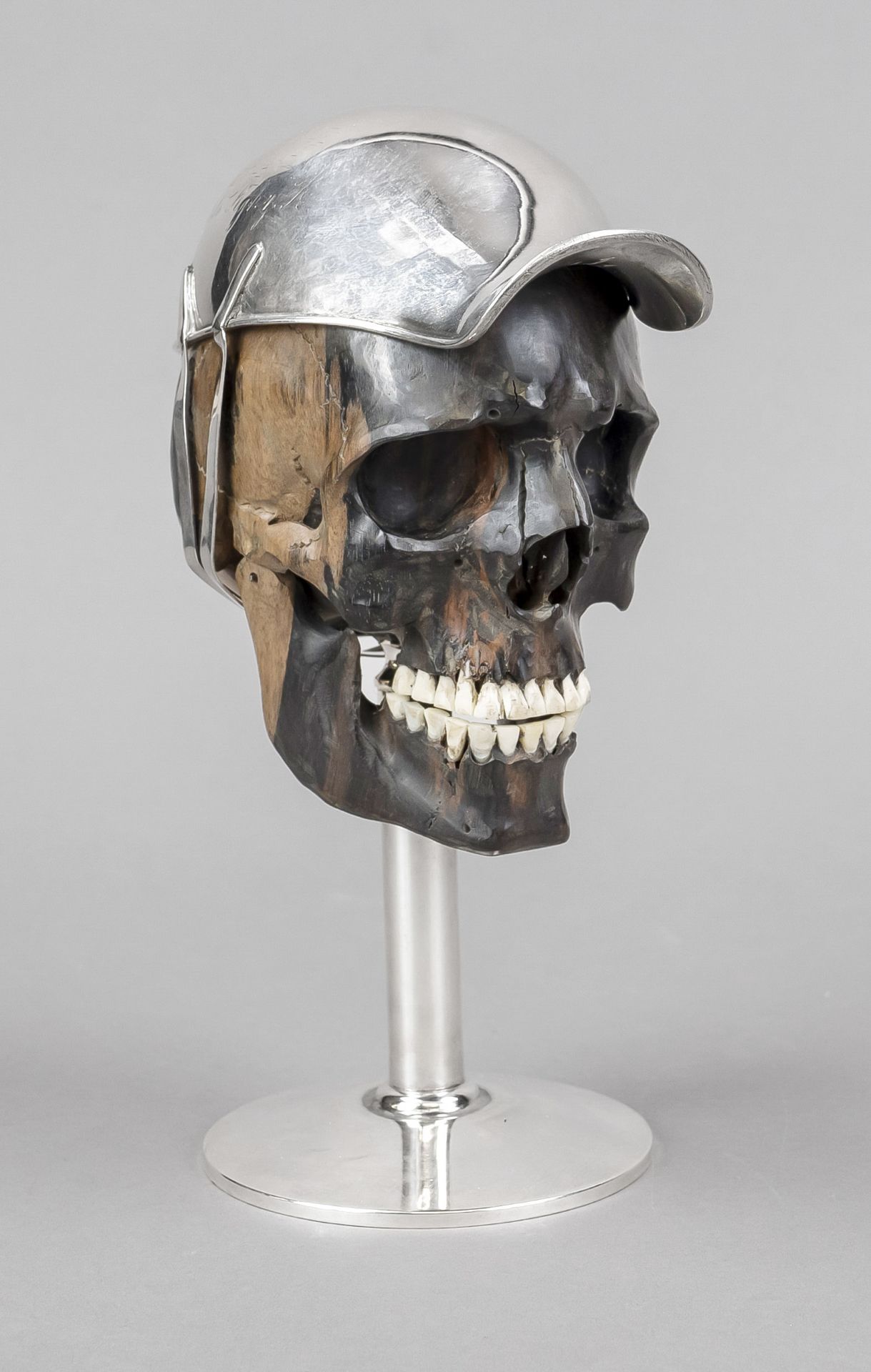 Memento Mori object, Germany 1st half 20th c. Wooden skull with bone teeth? Silver base and