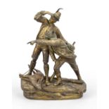 Eugène Barillot (1841-1900), two hunters with a shot roebuck, polychrome patinated bronze on