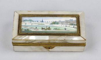 Hinged lid box with miniature painting, 19th century, gilded brass frame, inlaid all around with